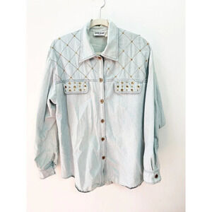 Vintage 90s Bonnie Blaine L  Acid Wash Denim Bedazzled Top Long Sleeve Blue Stud
